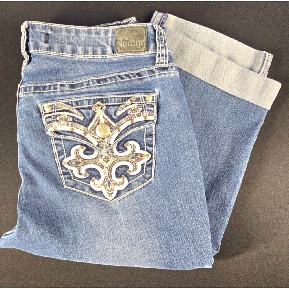 Love Indigo Womens Embellished Flap Pocket Capri Jeans Medium Wash Blue Size 10